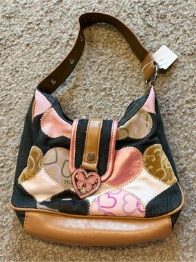 Mudd Pink Patchwork Heart Shoulder Bag Tan Trim Vintage Y2K 90s Butterfly
